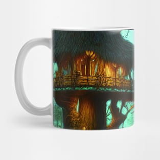 Magical Cottage Tree House with Lights in Forest with High Trees, Scenery Nature Mug